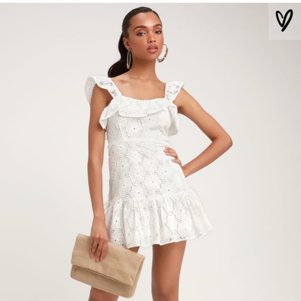 Lulus‎ Dress Womens S White Eyelet Lace Ruffle Mini Biscay Cotton Lined NEW